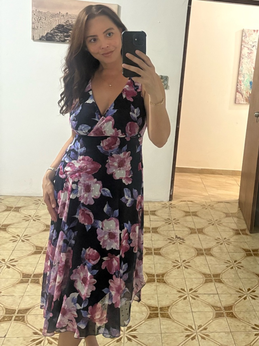 connected apparel Navy Midi Dress with Pink Floral Print